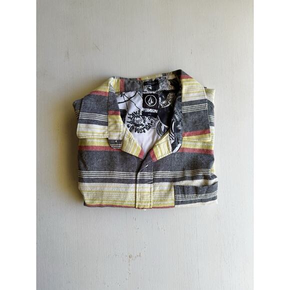 Volcom Shirt Adult L Yellow Gray Red Striped Cotton Rayon Blend Button - Picture 2 of 8